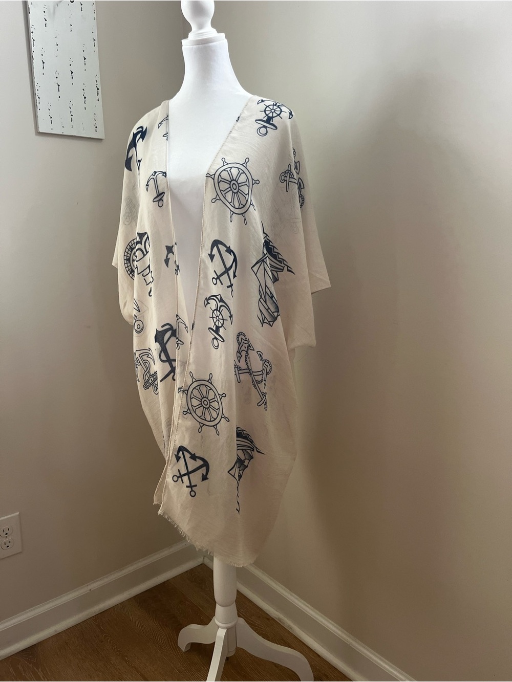 A&O Nautical Print Kimono Wrap - Cream with Navy Anchors & Ship Wheels; OS